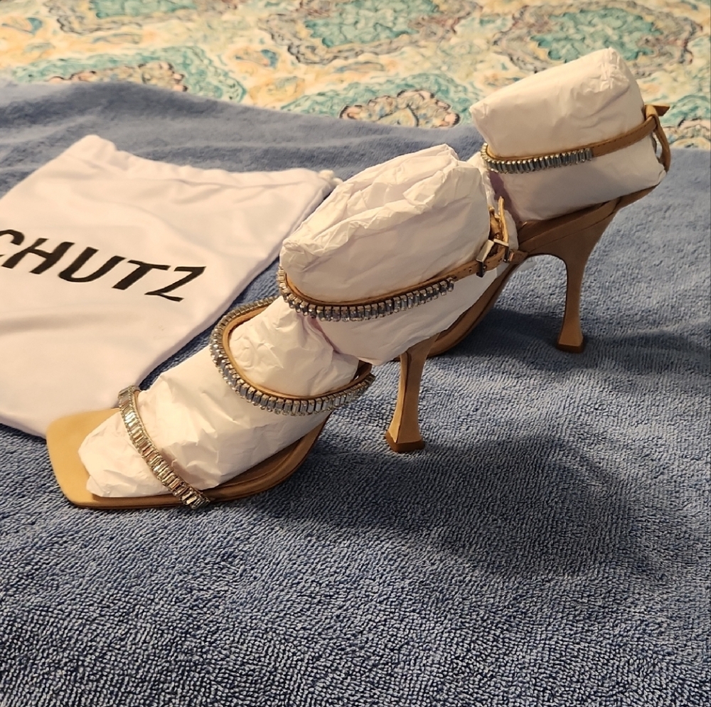 SCHUTZ Tan Rhinestone Strappy Heels